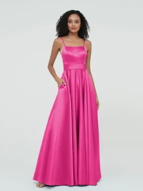 A-ligne Bretelles Spaghetti Robes Maxi en Satin Fuchsia