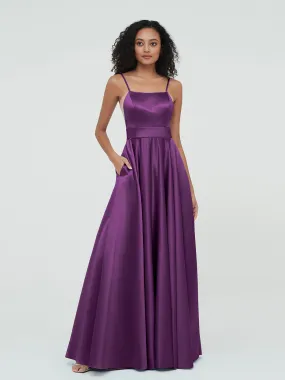 A-ligne Bretelles Spaghetti Robes Maxi en Satin Raisin