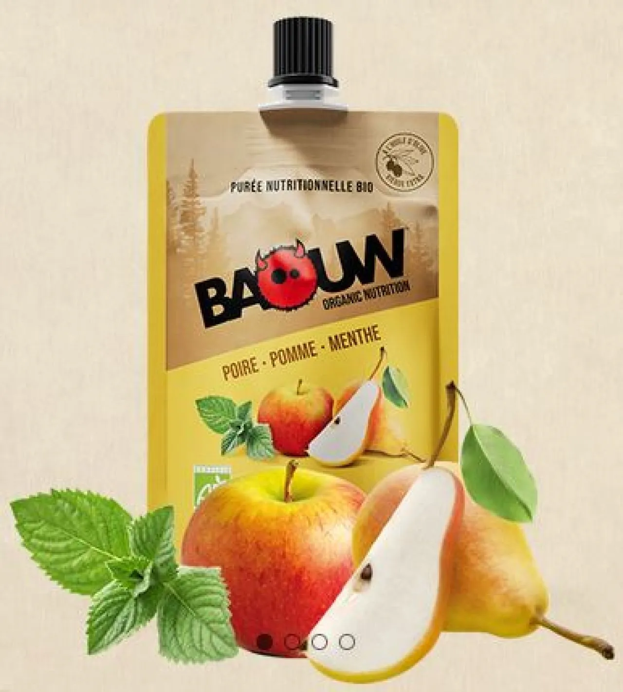 BAOUW  PUREE POIRE POMME MENTHE 90G Compote  énergetique