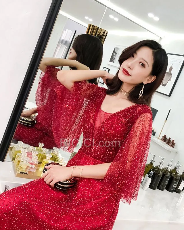 Belle Robes De Bal Robes De Soirée Rouge Sequin Princesse Luxe Demi Manche