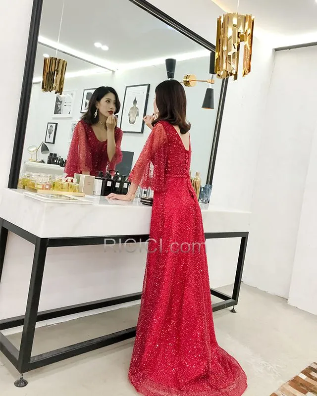 Belle Robes De Bal Robes De Soirée Rouge Sequin Princesse Luxe Demi Manche