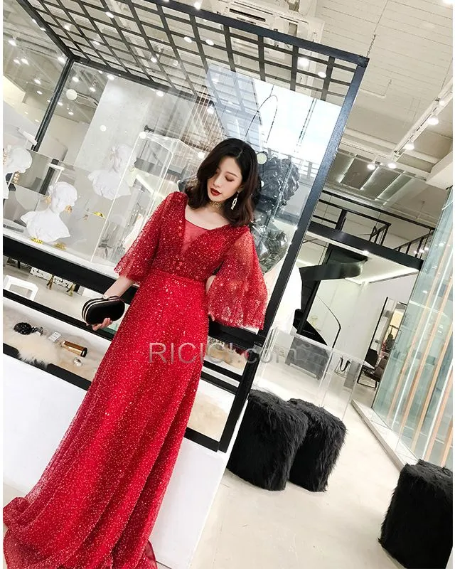 Belle Robes De Bal Robes De Soirée Rouge Sequin Princesse Luxe Demi Manche