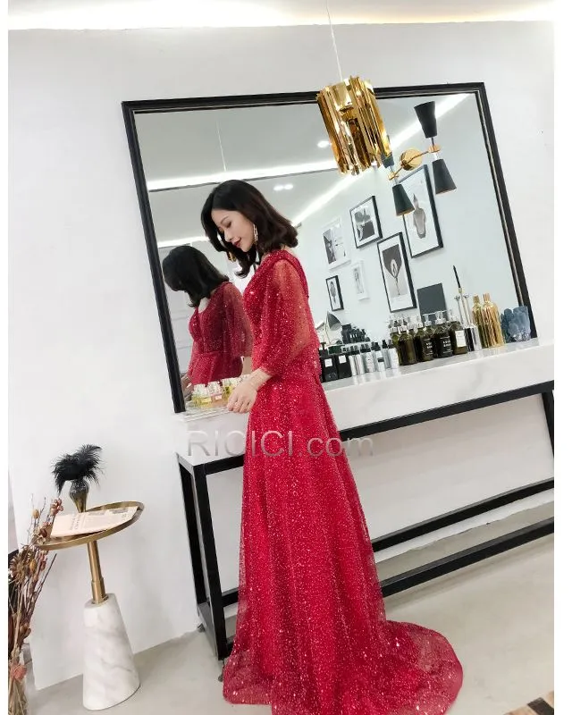 Belle Robes De Bal Robes De Soirée Rouge Sequin Princesse Luxe Demi Manche