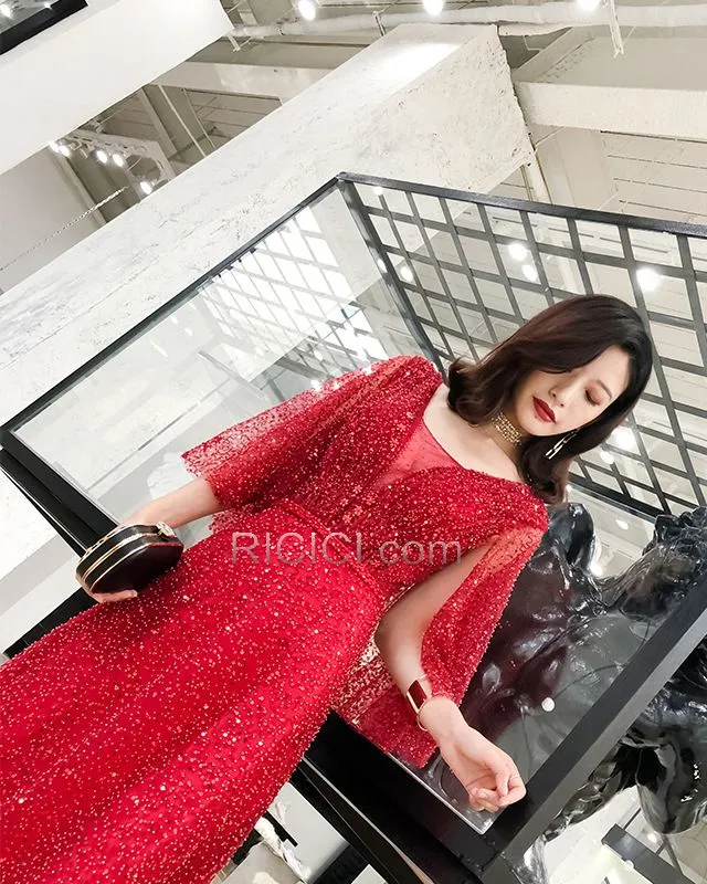 Belle Robes De Bal Robes De Soirée Rouge Sequin Princesse Luxe Demi Manche