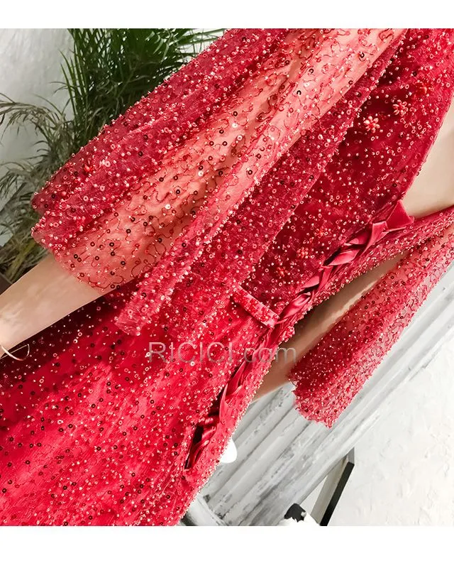 Belle Robes De Bal Robes De Soirée Rouge Sequin Princesse Luxe Demi Manche