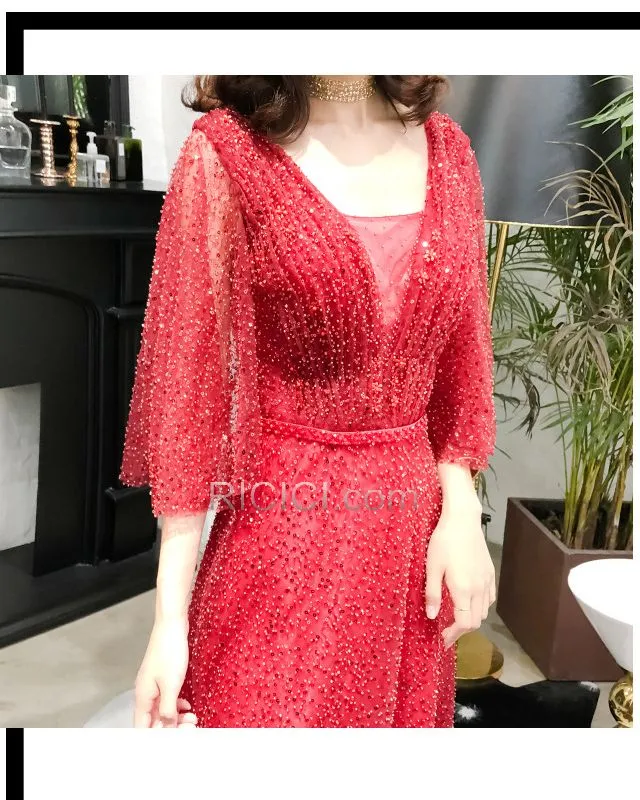 Belle Robes De Bal Robes De Soirée Rouge Sequin Princesse Luxe Demi Manche