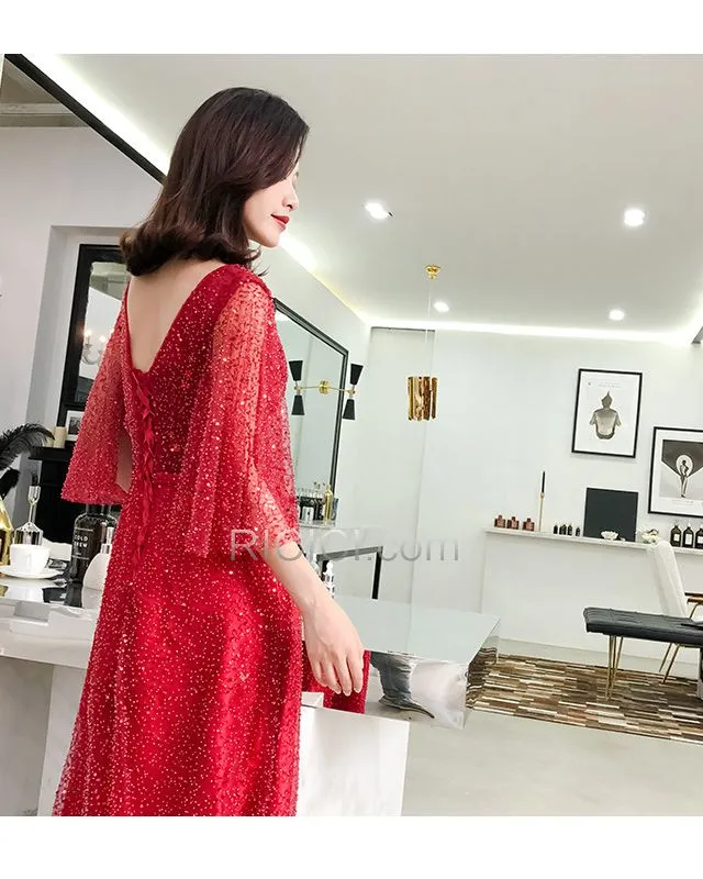 Belle Robes De Bal Robes De Soirée Rouge Sequin Princesse Luxe Demi Manche