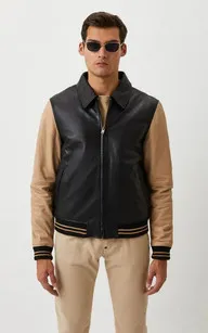 Blouson bomber cuir Bear noir beige Serge Pariente - La Canadienne - Blousons Cuir Noir