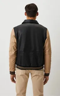 Blouson bomber cuir Bear noir beige Serge Pariente - La Canadienne - Blousons Cuir Noir