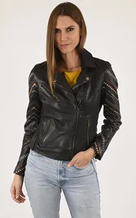 Blouson brodé agneau Printili noir Rose Garden - La Canadienne - Blousons Cuir Noir