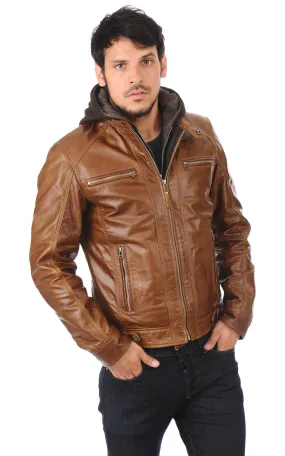 Blouson cuir buffle Erico Hood cognac Serge Pariente - La Canadienne - Blousons Cuir Cognac