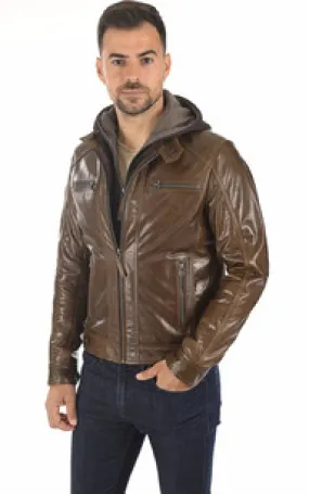 Blouson cuir buffle Erico Hood mocca Serge Pariente - La Canadienne - Blousons Cuir Mocca