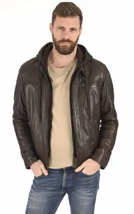 Blouson cuir Erico Hood chocolat Serge Pariente - La Canadienne - Blousons Cuir Chocolat