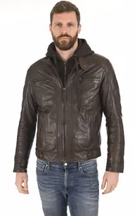 Blouson cuir Erico Hood chocolat Serge Pariente - La Canadienne - Blousons Cuir Chocolat