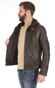 Blouson cuir Erico Hood chocolat Serge Pariente - La Canadienne - Blousons Cuir Chocolat