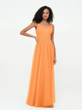 Bretelles Spaghetti Robes Maxi Plissé en Tulle Orange