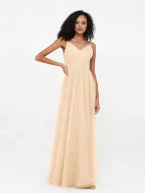 Bretelles Spaghetti Robes Maxi Plissé en Tulle Pêche