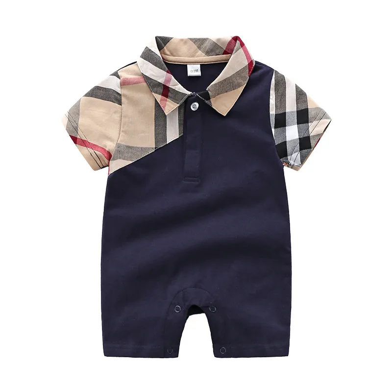 Bébé Barboteuse Infantile Garçons Plaid Revers Manches Courtes Combinaisons Nouveau Né Enfants Couche Été Nouveau Bébé Garçon Co