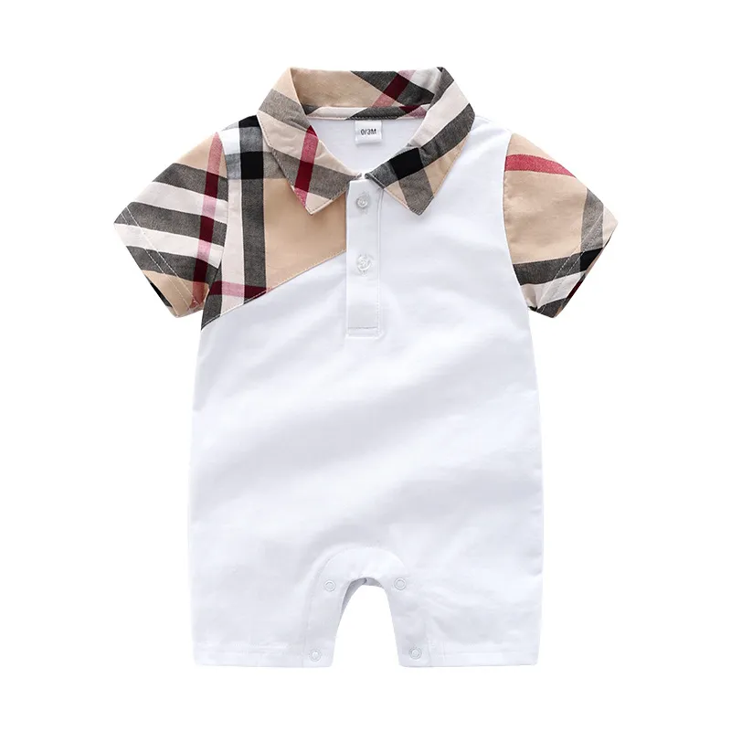 Bébé Barboteuse Infantile Garçons Plaid Revers Manches Courtes Combinaisons Nouveau Né Enfants Couche Été Nouveau Bébé Garçon Co