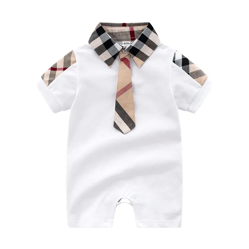 Bébé Barboteuse Infantile Garçons Plaid Revers Manches Courtes Combinaisons Nouveau Né Enfants Couche Été Nouveau Bébé Garçon Co