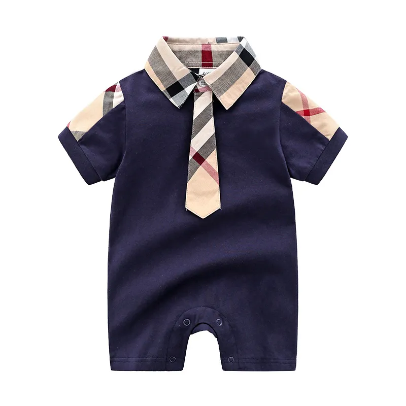 Bébé Barboteuse Infantile Garçons Plaid Revers Manches Courtes Combinaisons Nouveau Né Enfants Couche Été Nouveau Bébé Garçon Co