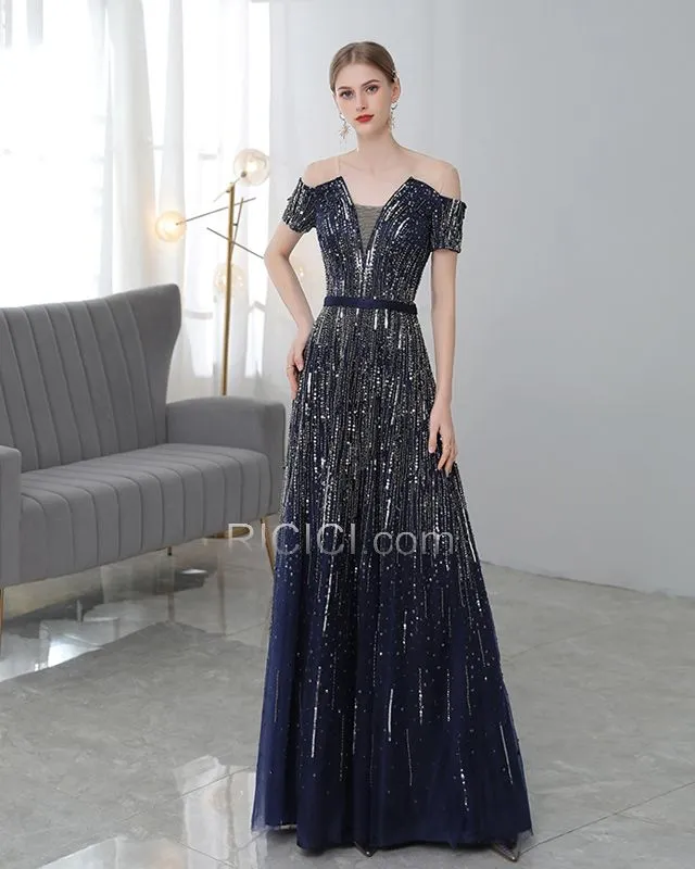 Empire Décolleté Bleu Marine Sequin Robes De Soirée Princesse Longue Tulle Dos Nu Robe De Bal