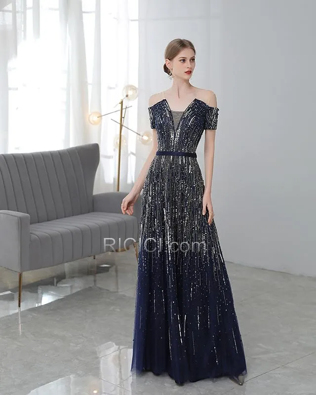 Empire Décolleté Bleu Marine Sequin Robes De Soirée Princesse Longue Tulle Dos Nu Robe De Bal