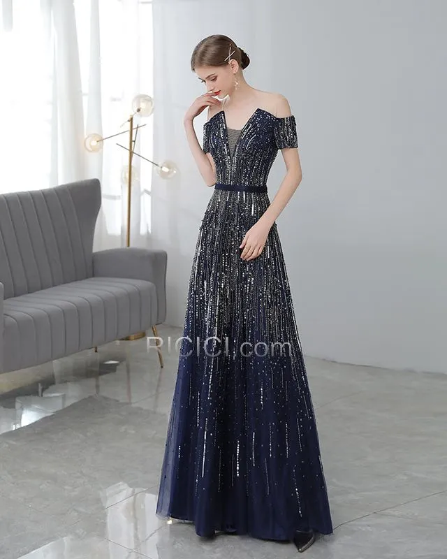 Empire Décolleté Bleu Marine Sequin Robes De Soirée Princesse Longue Tulle Dos Nu Robe De Bal