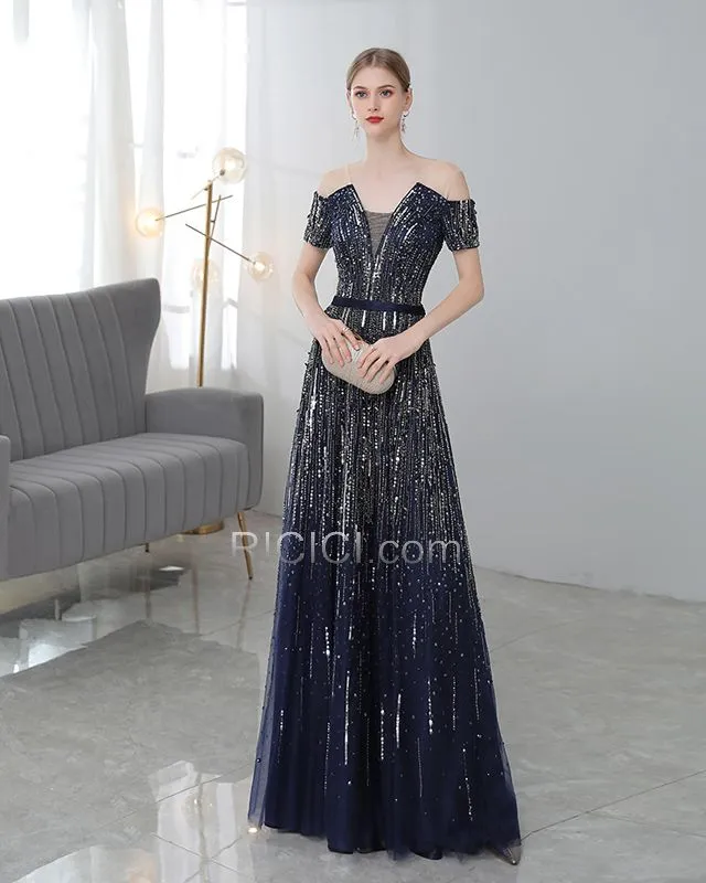 Empire Décolleté Bleu Marine Sequin Robes De Soirée Princesse Longue Tulle Dos Nu Robe De Bal