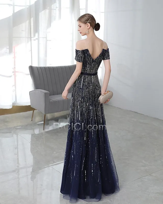 Empire Décolleté Bleu Marine Sequin Robes De Soirée Princesse Longue Tulle Dos Nu Robe De Bal