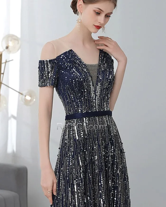 Empire Décolleté Bleu Marine Sequin Robes De Soirée Princesse Longue Tulle Dos Nu Robe De Bal