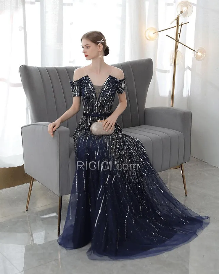 Empire Décolleté Bleu Marine Sequin Robes De Soirée Princesse Longue Tulle Dos Nu Robe De Bal