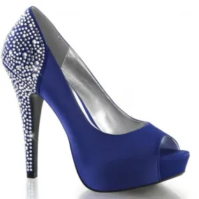 Escarpin plateforme bleu de soirée avec talon strass et bout ouvert 