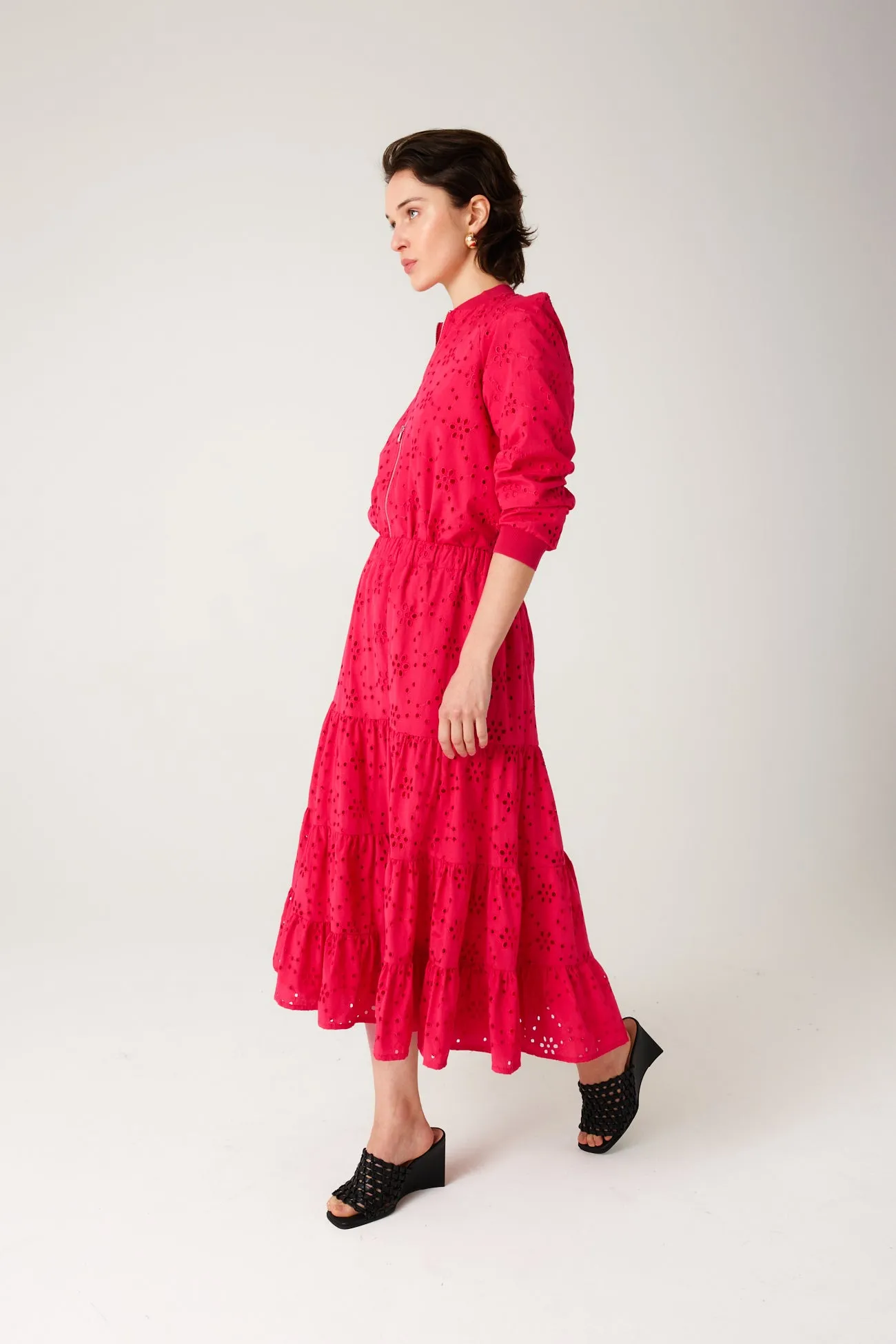 Jupe midi en broderie anglaise - Rouge