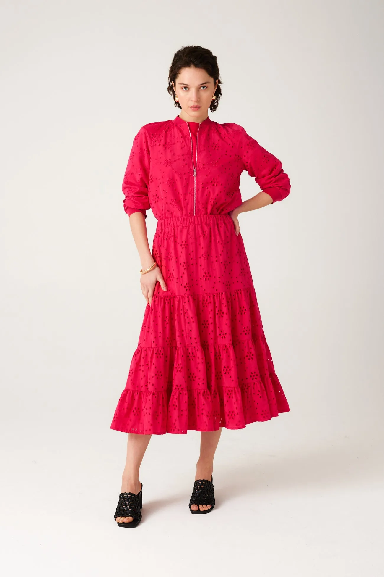 Jupe midi en broderie anglaise - Rouge