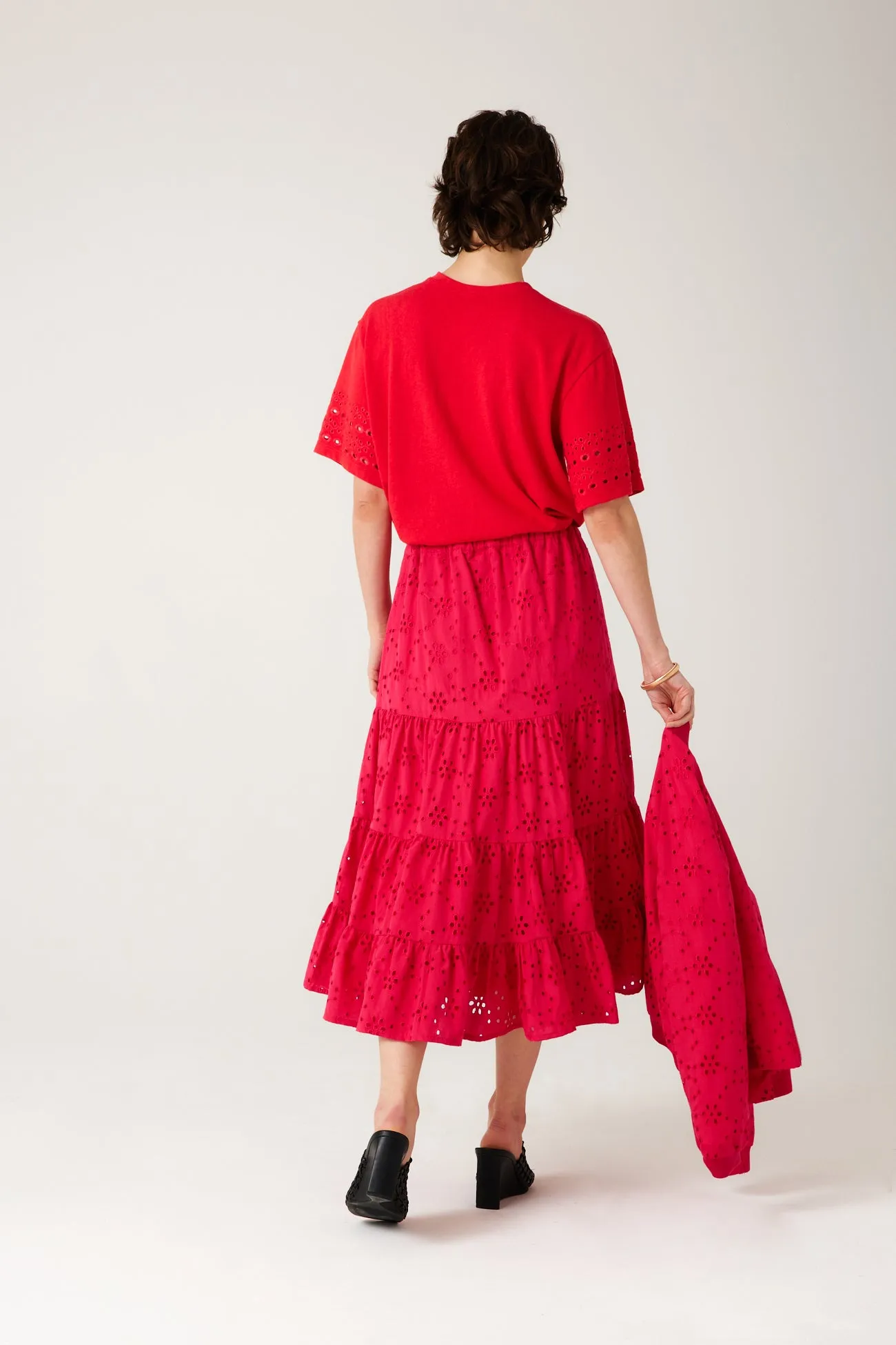 Jupe midi en broderie anglaise - Rouge