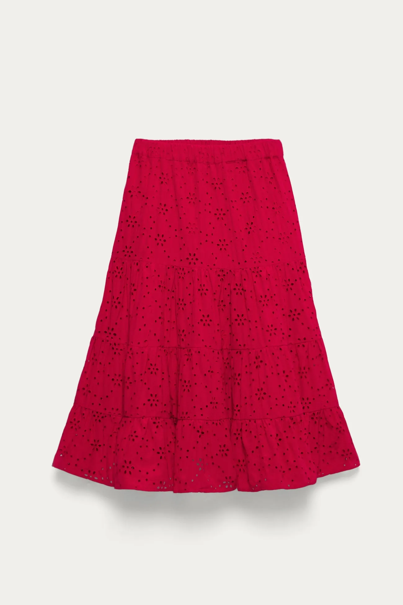 Jupe midi en broderie anglaise - Rouge