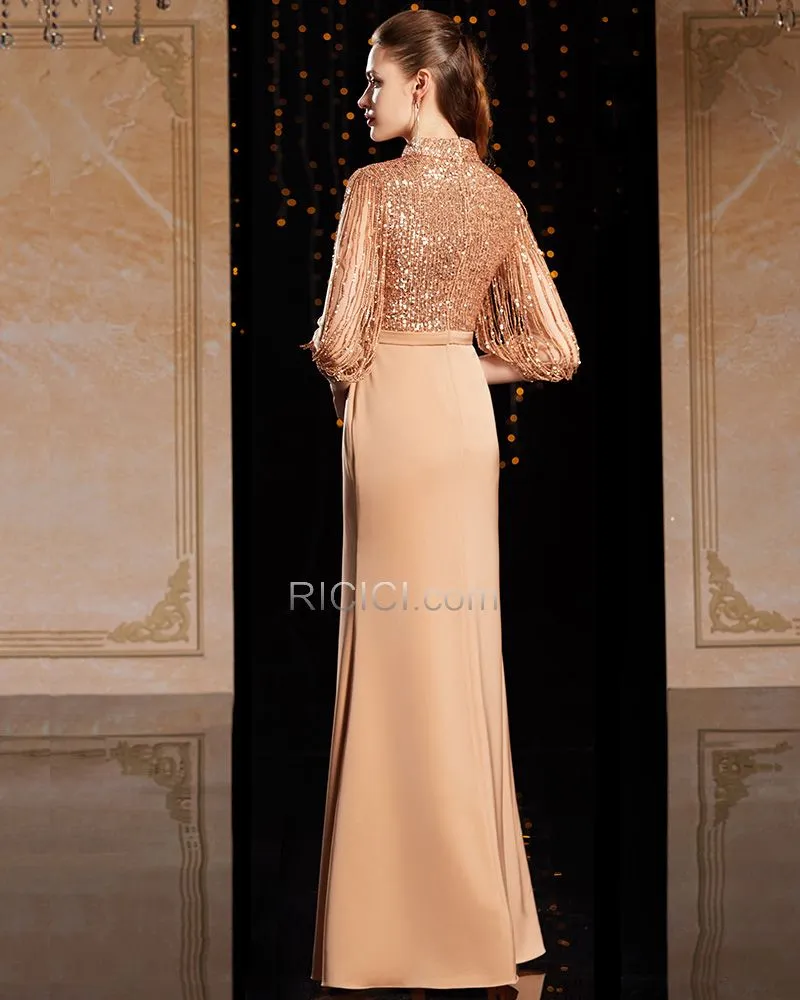 Luxe Robes De Soirée Longue Droite Sequin Scintillante Robe Gala Marron À Frange 2020