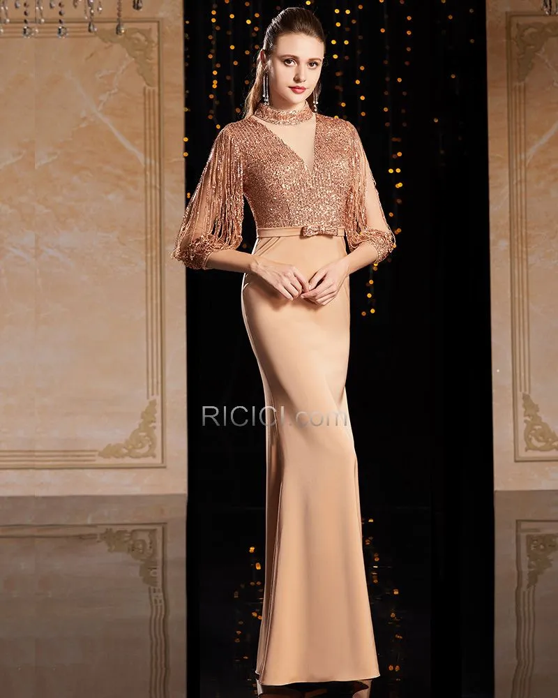 Luxe Robes De Soirée Longue Droite Sequin Scintillante Robe Gala Marron À Frange 2020