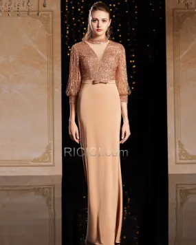 Luxe Robes De Soirée Longue Droite Sequin Scintillante Robe Gala Marron À Frange 2020