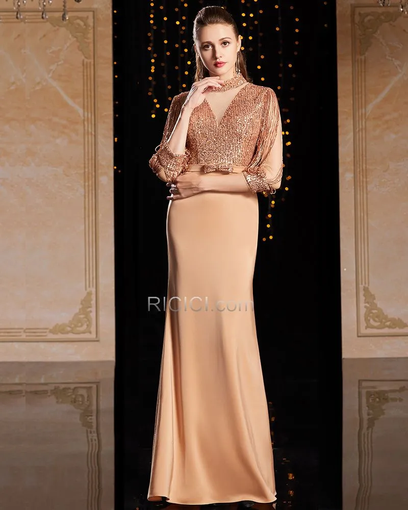 Luxe Robes De Soirée Longue Droite Sequin Scintillante Robe Gala Marron À Frange 2020