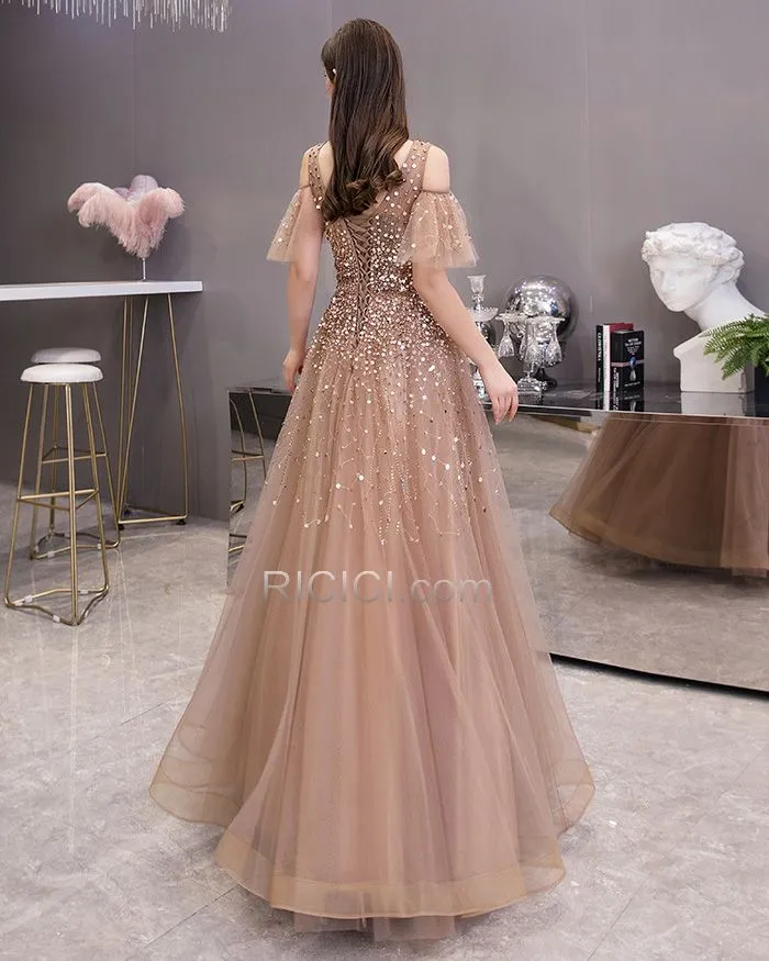 Marron Robes De Soirée Princesse Longue Chic Robes De Bal Dos Nu Epaule Nu Paillette