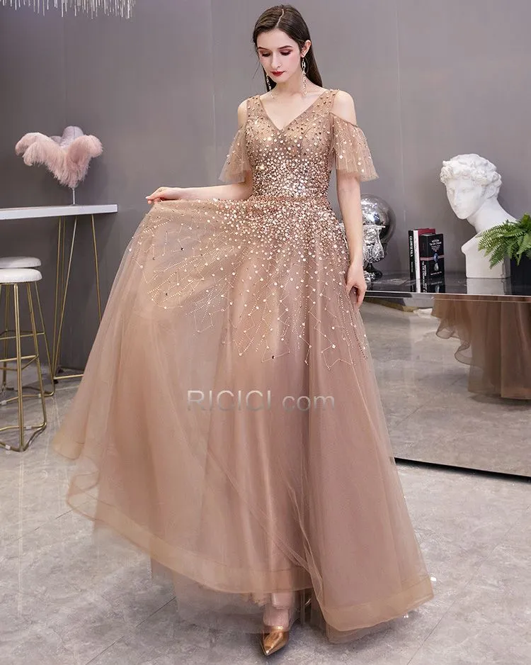 Marron Robes De Soirée Princesse Longue Chic Robes De Bal Dos Nu Epaule Nu Paillette