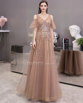 Marron Robes De Soirée Princesse Longue Chic Robes De Bal Dos Nu Epaule Nu Paillette