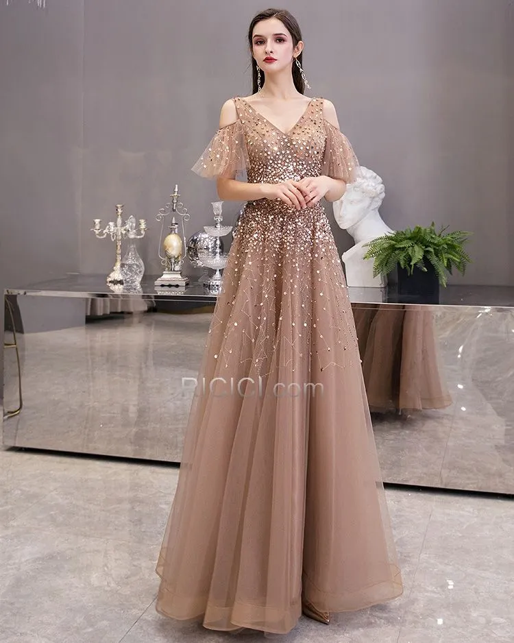 Marron Robes De Soirée Princesse Longue Chic Robes De Bal Dos Nu Epaule Nu Paillette