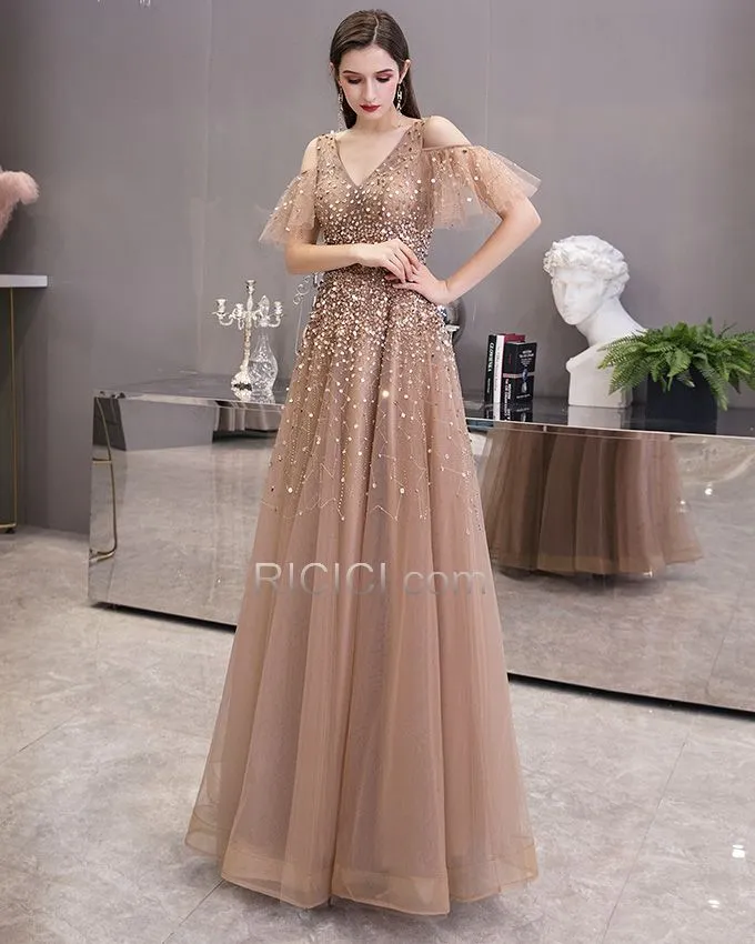 Marron Robes De Soirée Princesse Longue Chic Robes De Bal Dos Nu Epaule Nu Paillette