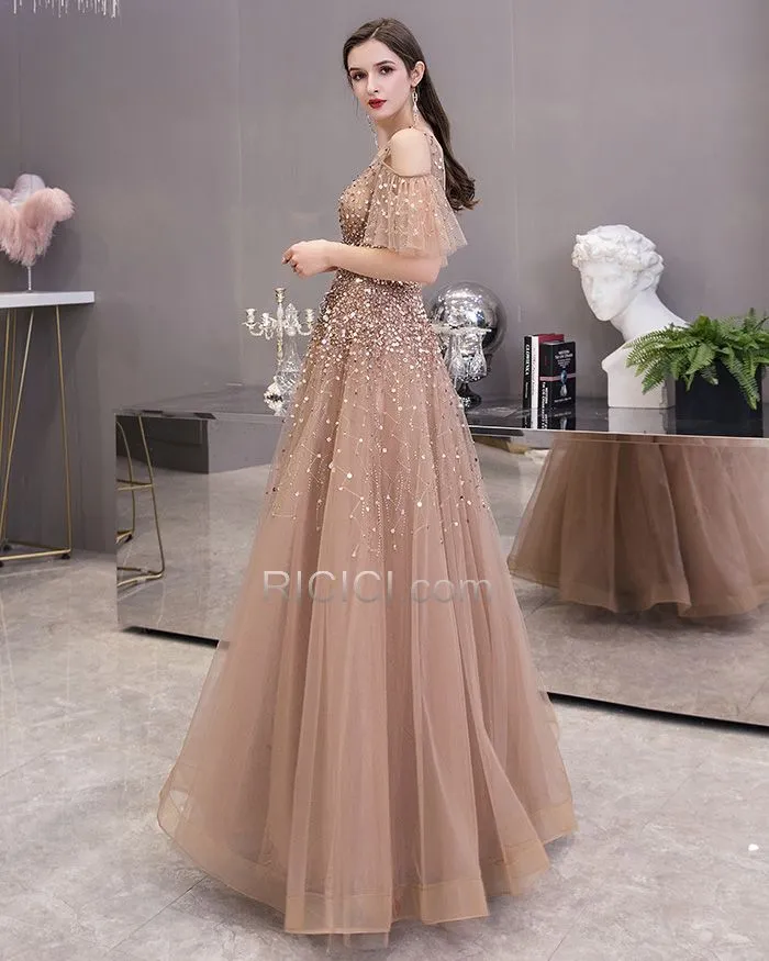 Marron Robes De Soirée Princesse Longue Chic Robes De Bal Dos Nu Epaule Nu Paillette