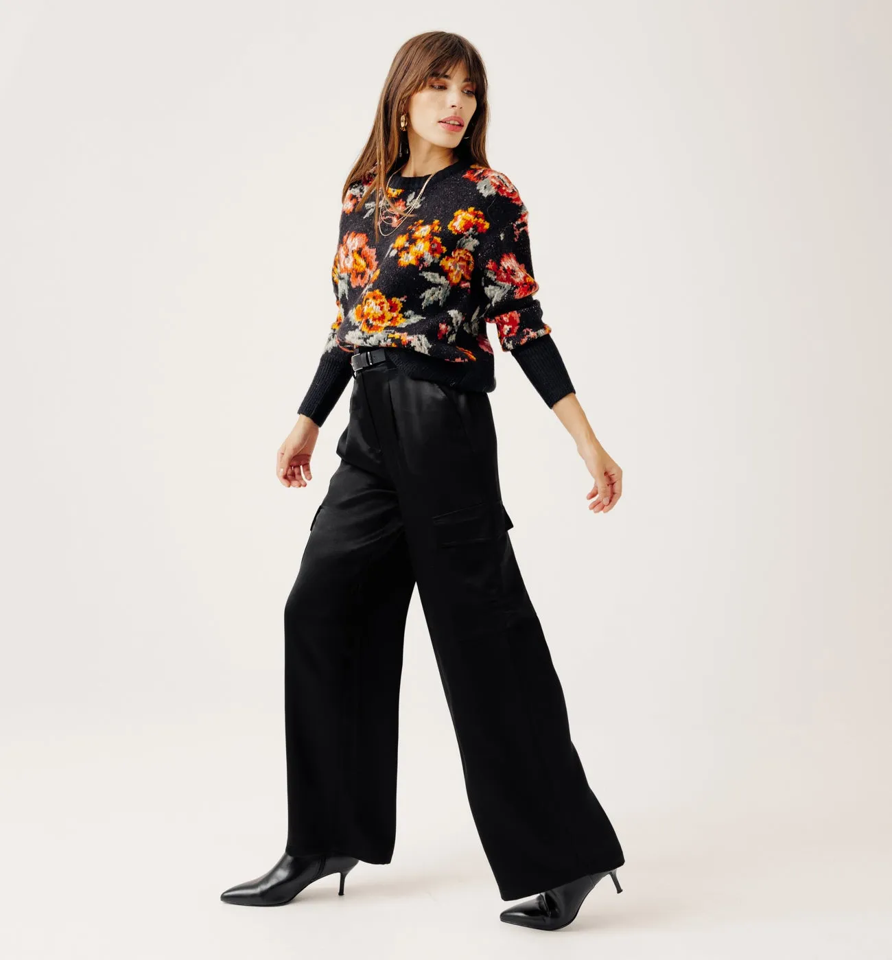 Pantalon cargo en satin Femme - Noir