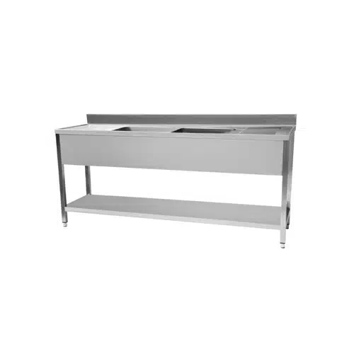 Plonge démontable en inox avec étagère dosseret, 2 bacs, 2 égouttoirs L 2000 x P 600 mm