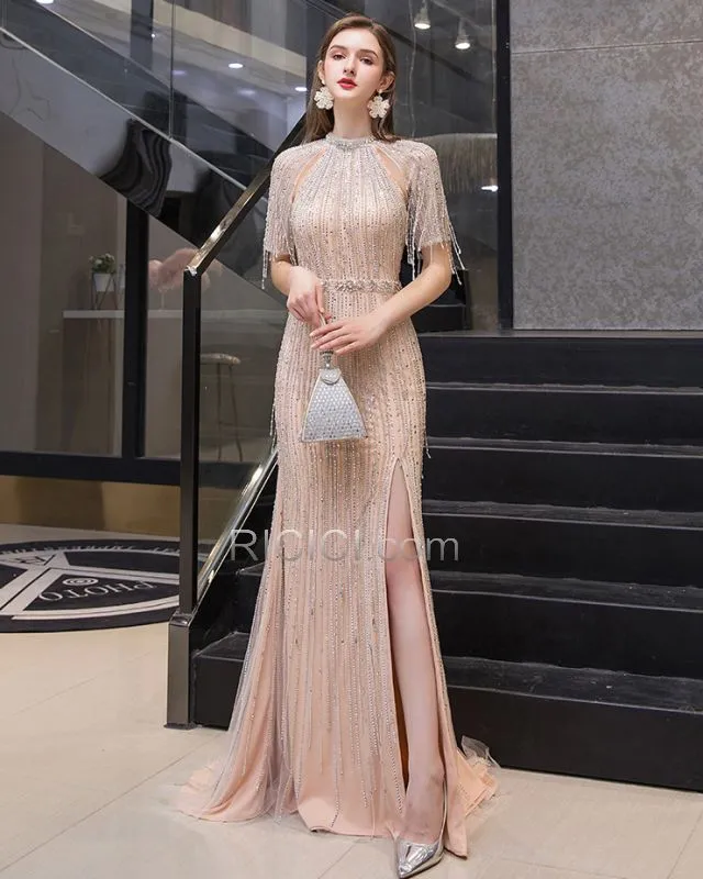 Princesse Cristal Dos Nu Luxe À Frange Longue Brillante Robe Gala Epaule Nu Sequin Manche Courte Robes De Soirée Licou